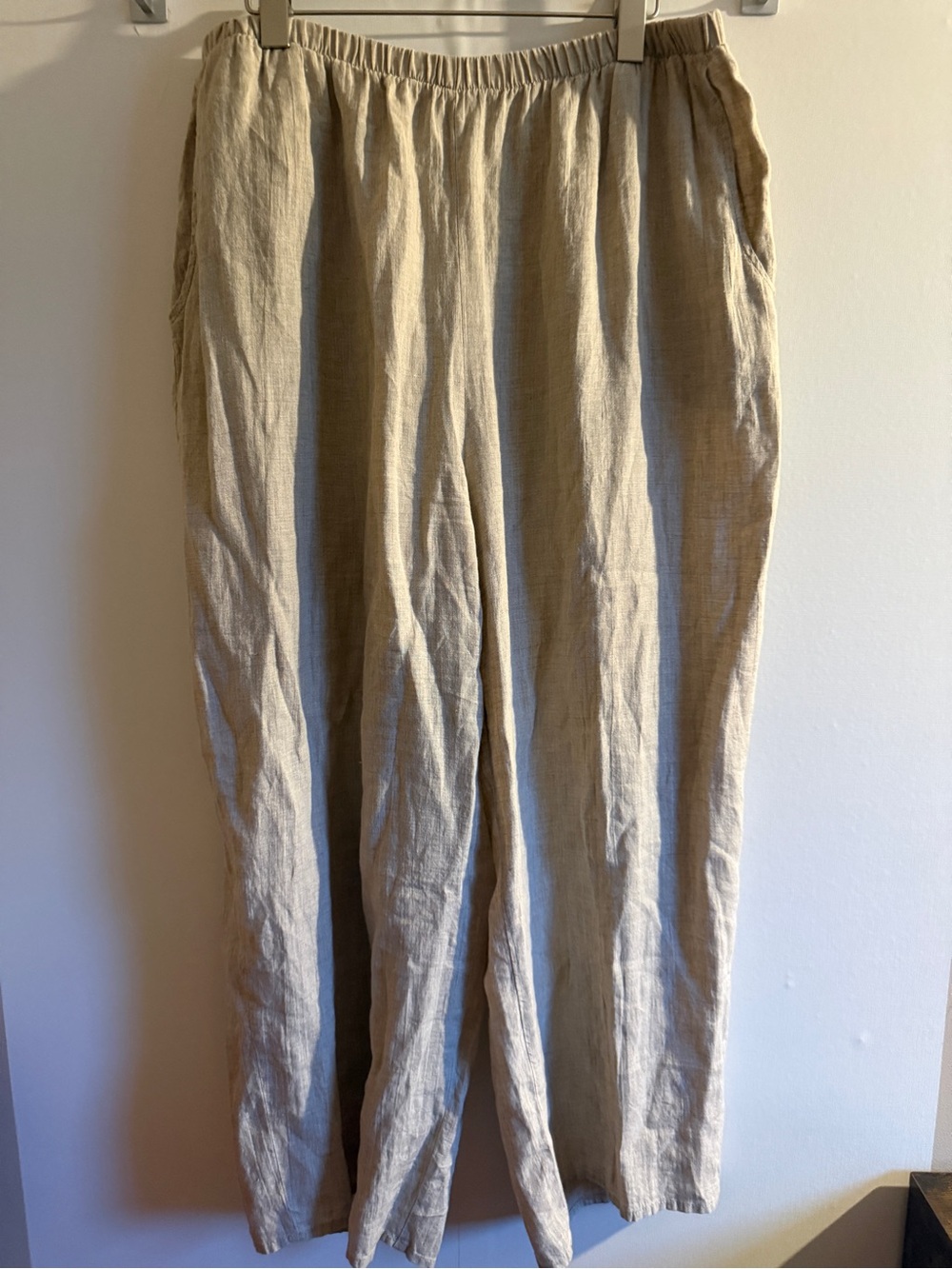 FLAX 100% Linen Pants L Oatmeal Beige Elastic Waist